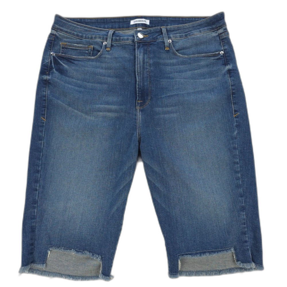NEW Good American Stagger Bermuda Jean Shorts Raw Hem Long Denim 90s Y2k Baddie